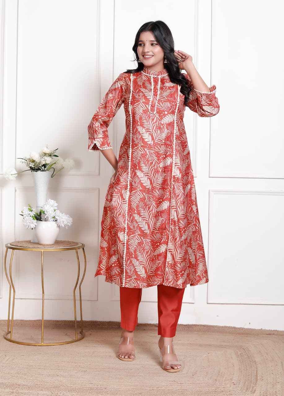 Rust Red Leaf Print Kurta Set